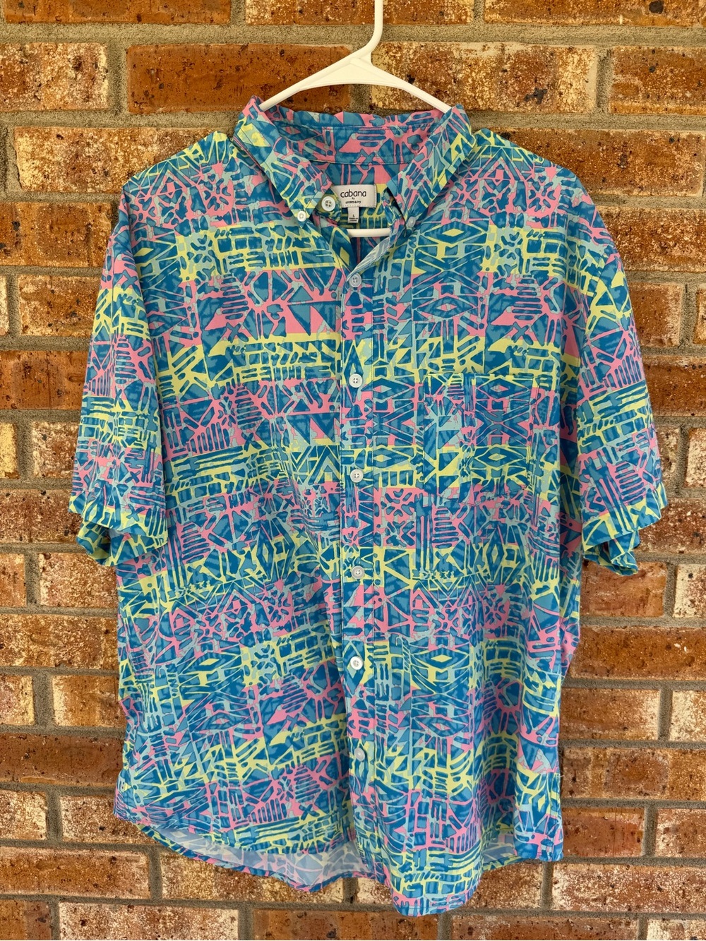 Cabana Men's Button-Front Short Sleeve Shirt - Blue, Pink, Yellow